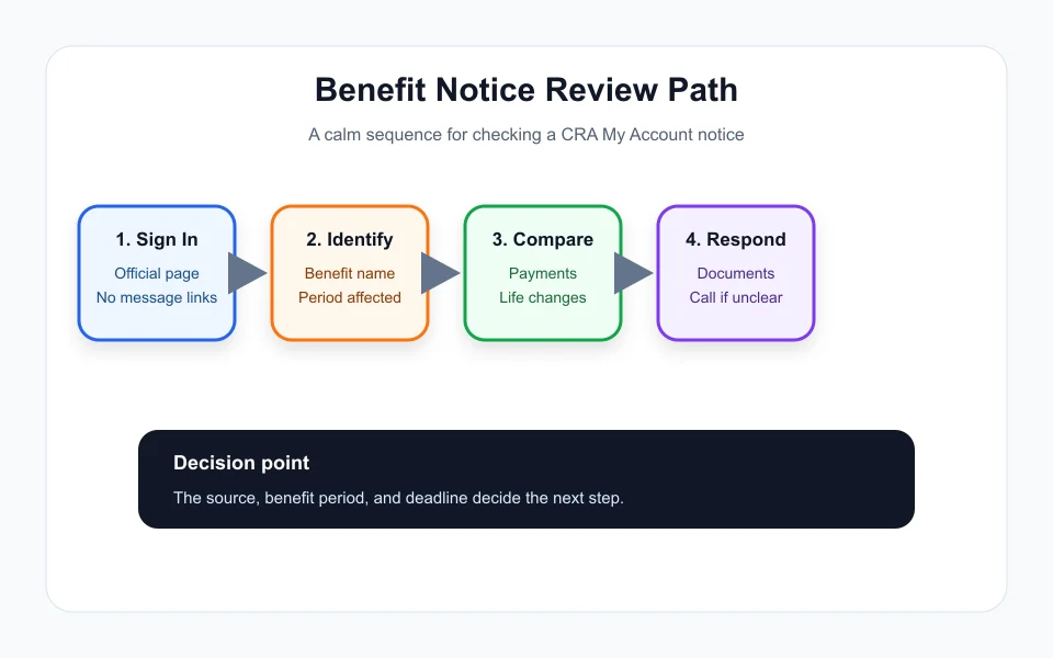 CRA My Account benefit notice review path from message to next step