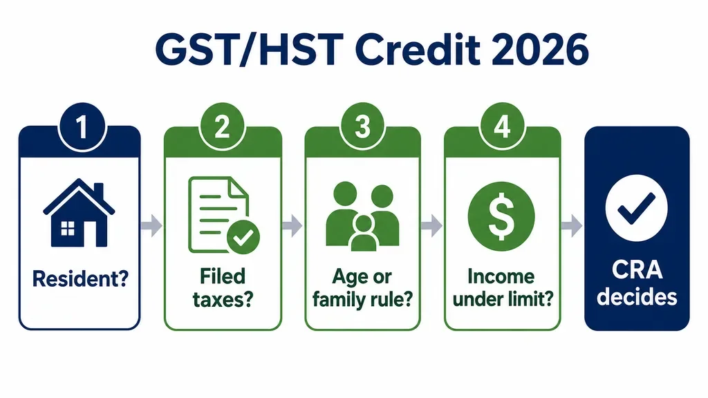 Eligibility path showing residency, tax filing, age or family rule, income limit, and CRA decision for the GST/HST credit